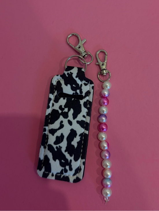 Accessories - Black & White Cow Print Lip Balm Holder with Pink Pearl Beaded Keychain
